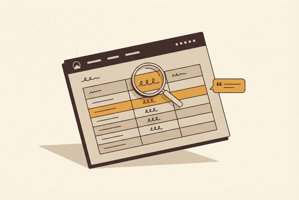 A tilted website mockup showing a table with one row highlighted, a magnifying glass over it, and a quote bubble echoing that row