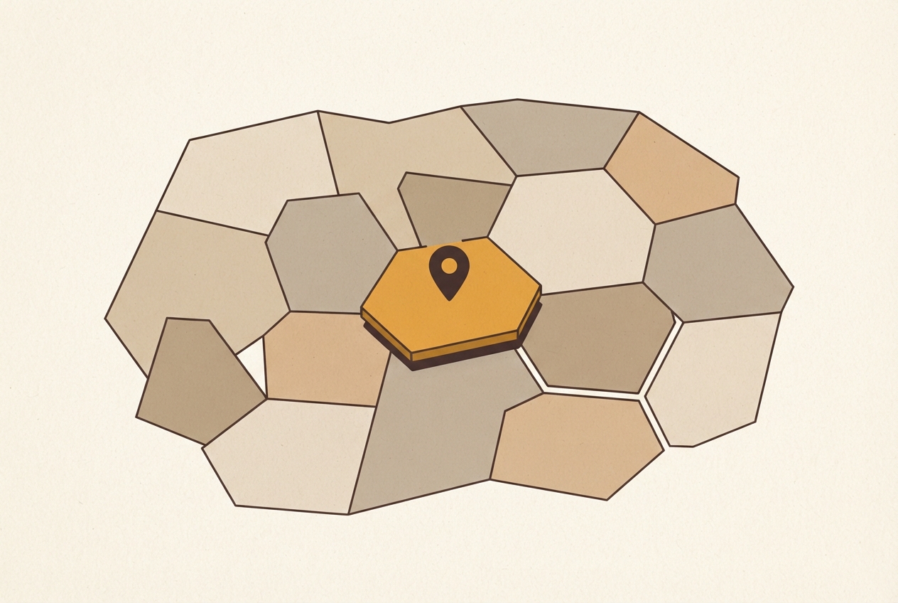 A patchwork of tiles in muted tones with one amber tile raised and pinned