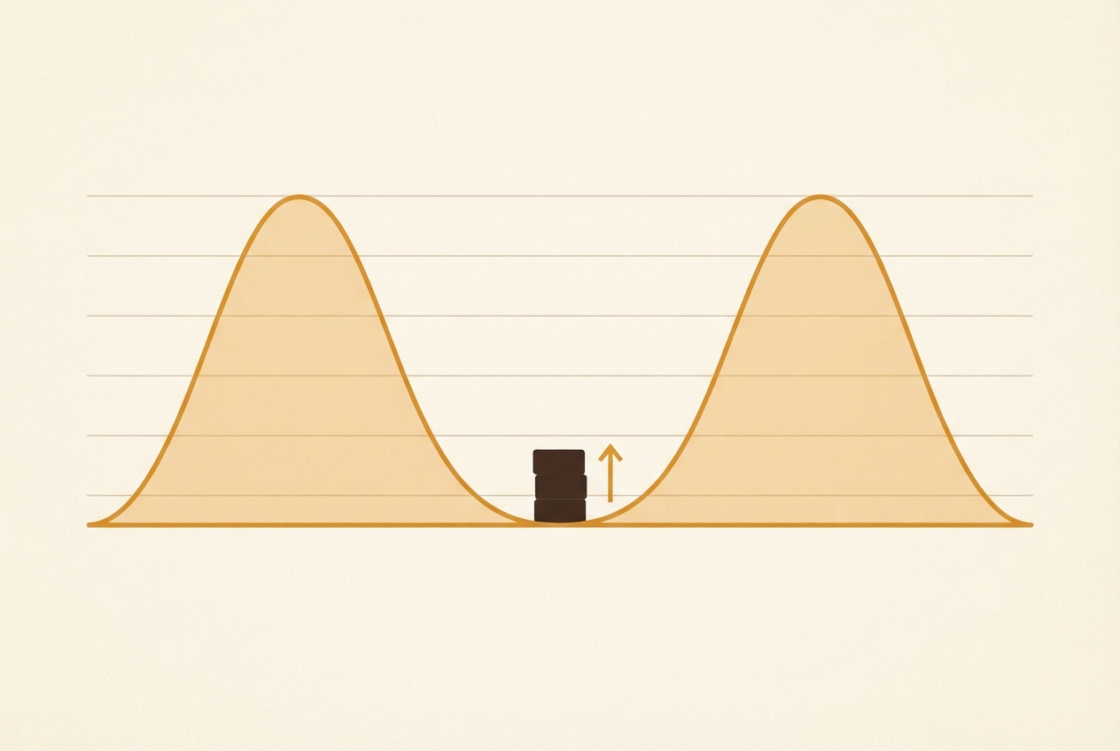 A line with two tall peaks and a low valley, with blocks stacked in the valley