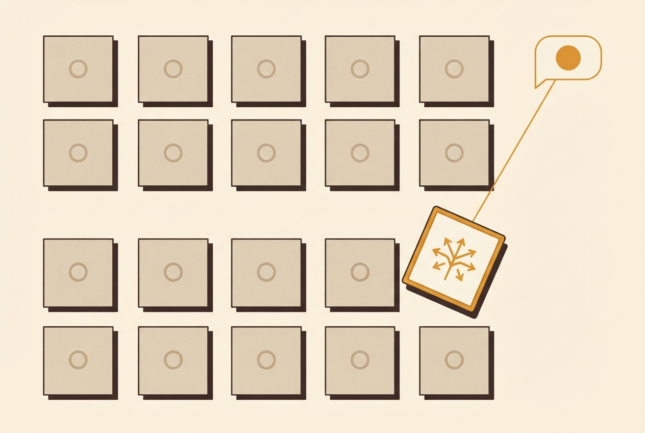 A dense grid of identical faded cards with one raised, amber-bordered card connected to an answer bubble