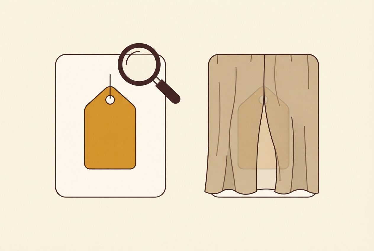 Two cards: the left one open with an amber price tag clearly visible, the right one concealed behind a curtain
