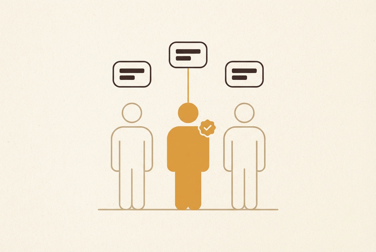 Three outlined figures with the middle one filled amber and marked with a check, beneath three small cards