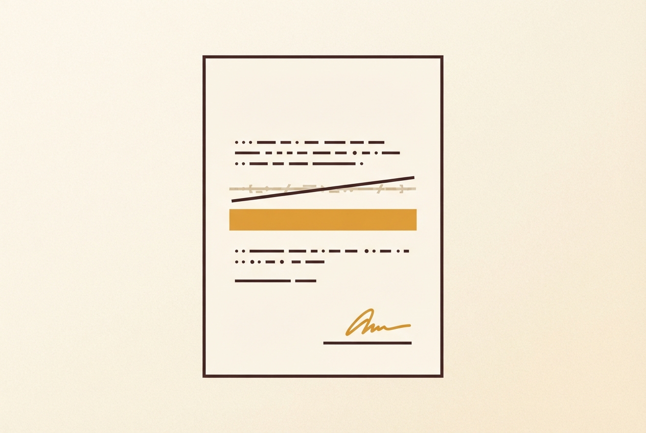 A document with one clause struck through in muted tan and a new amber clause beneath it, above a signature line