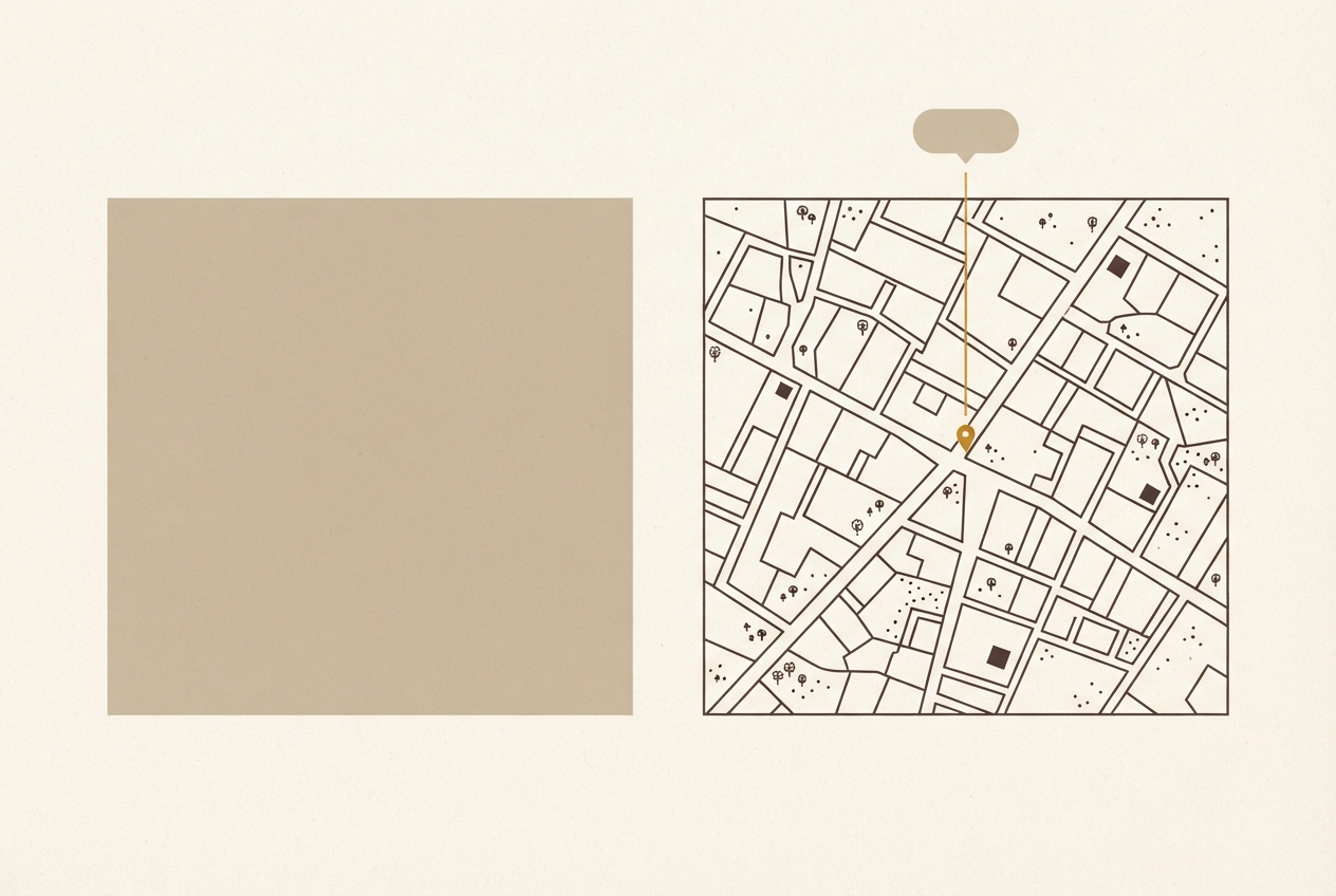 Two panels: a flat featureless tan block beside a finely detailed street layout with an amber pin