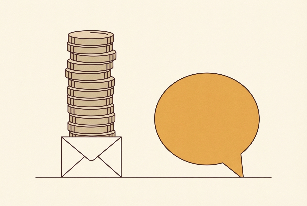 A tall stack of coins topped with an envelope on the left, an amber answer bubble of the same height on the right