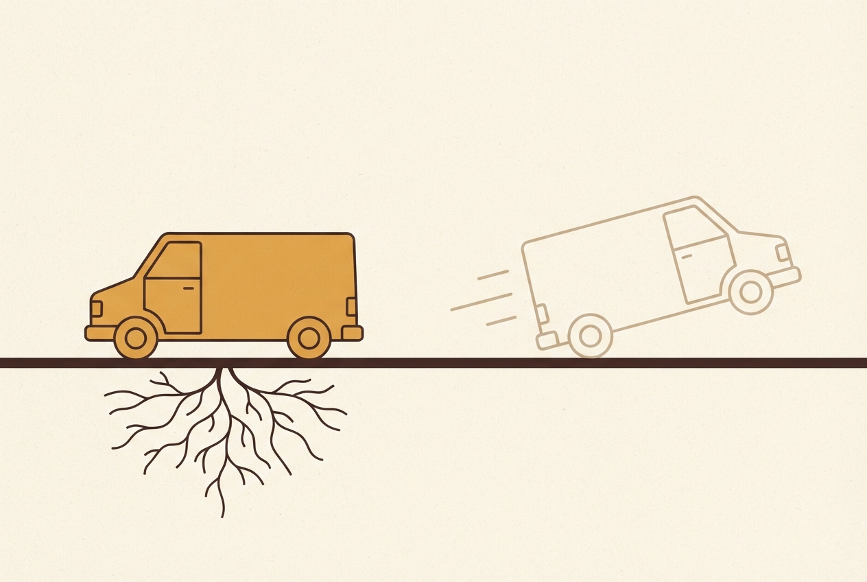 An amber van rooted into the ground on the left; a pale outlined van driving away on the right