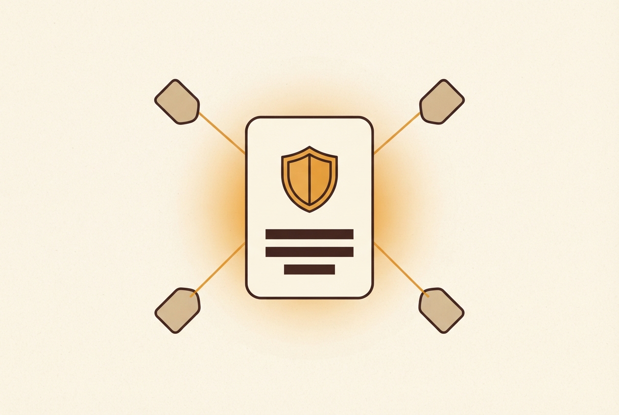 A credential card with a shield emblem, connected by thin lines to four floating tags