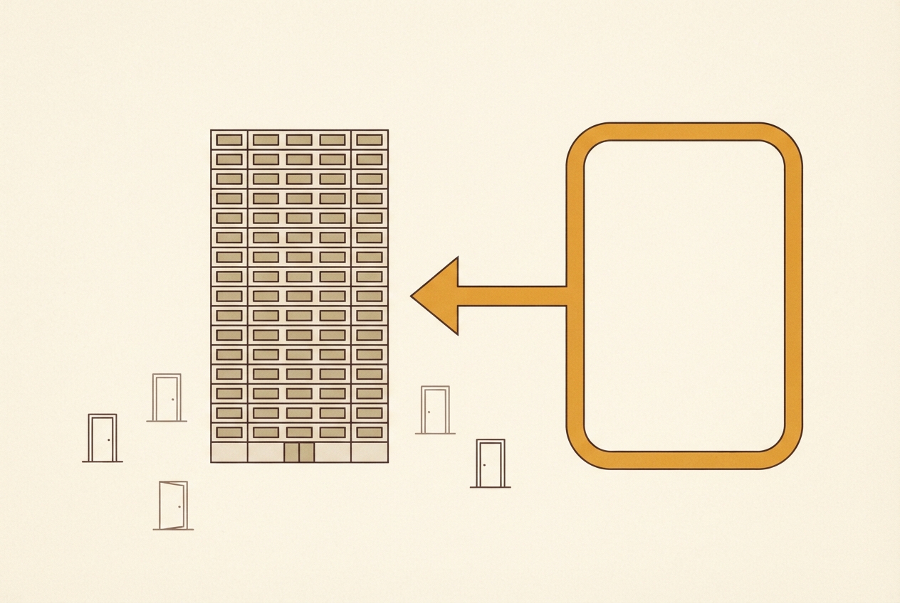 An answer bubble with a thick arrow pointing past small unlit doorways to a tall directory building