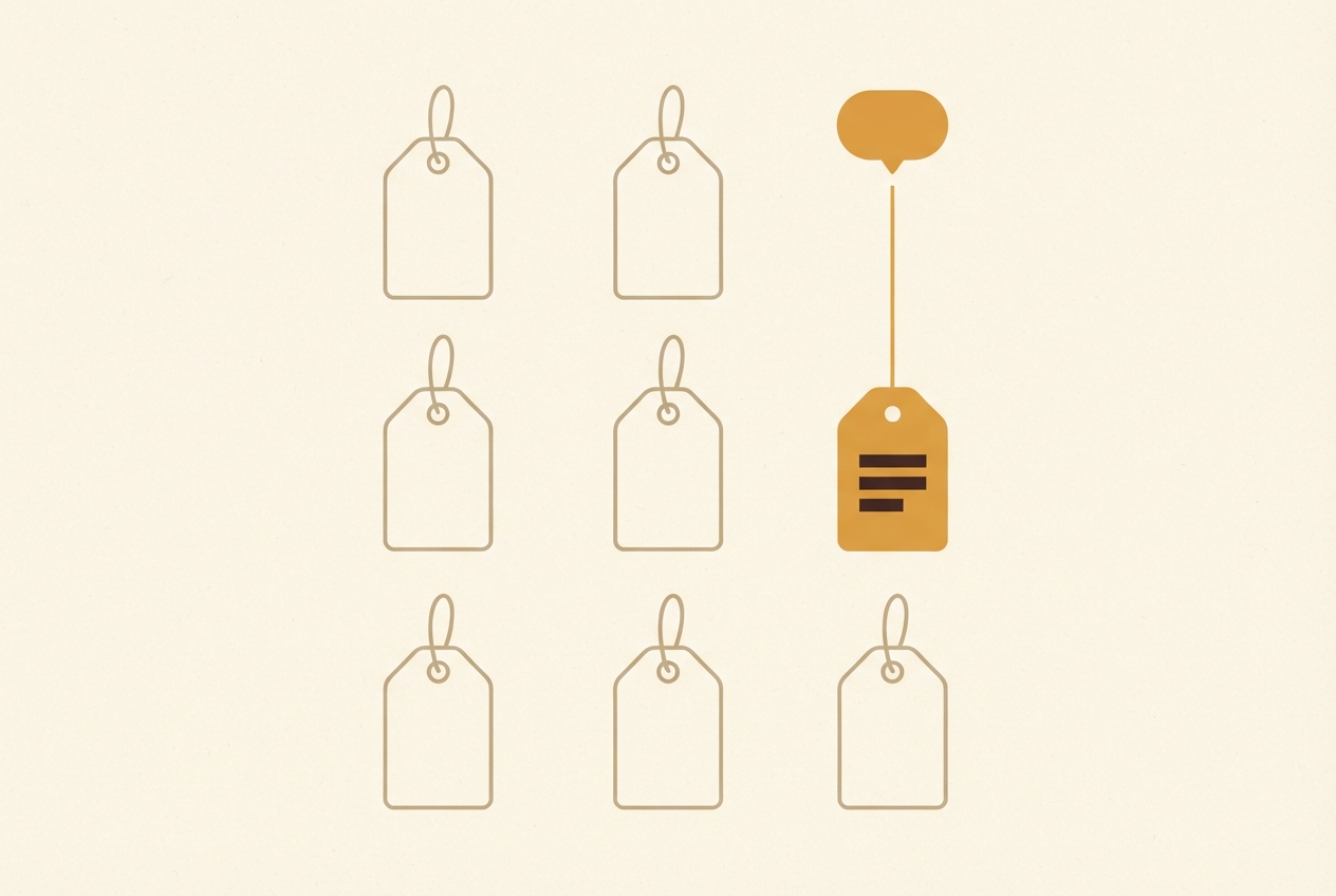 Nine blank hanging price tags, with one filled amber and connected to an answer bubble