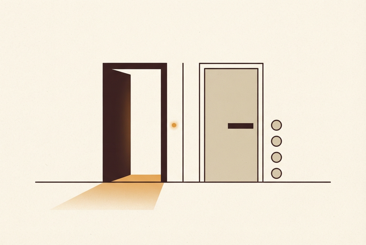 Two doorways: one open with amber light spilling out, one closed with a small queue waiting