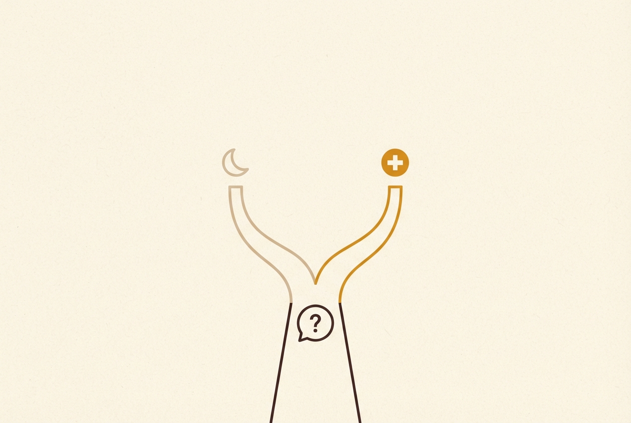 A path forking: the left branch pale, ending at a moon; the right branch amber, ending at an urgent marker
