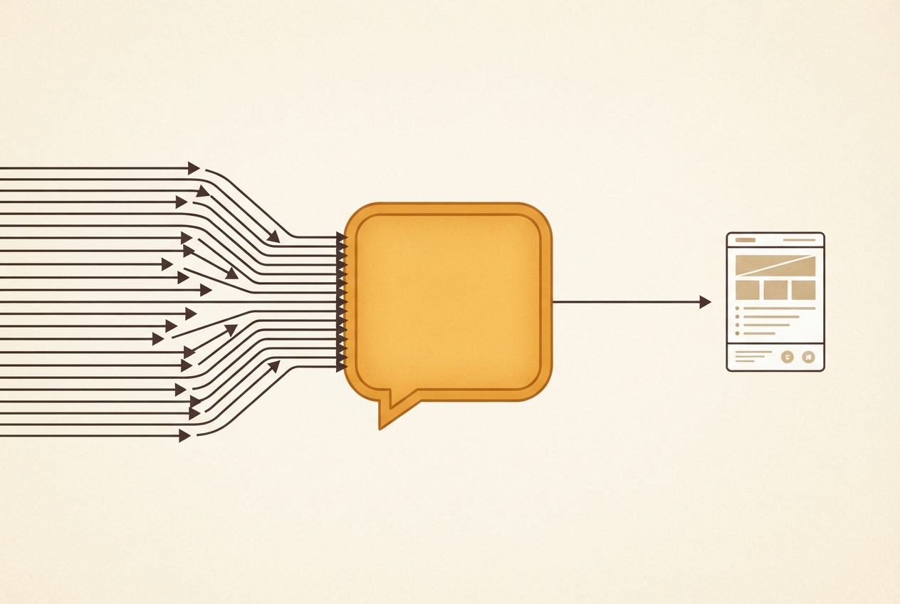 A dense bundle of arrows converging on an amber answer bubble, with only one thin arrow continuing to a small website card