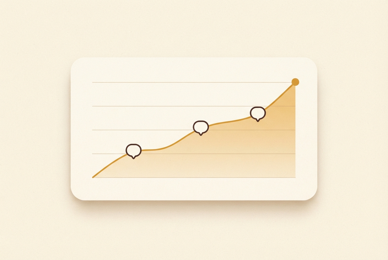 A dashboard card showing a rising amber line with speech-bubble markers along it