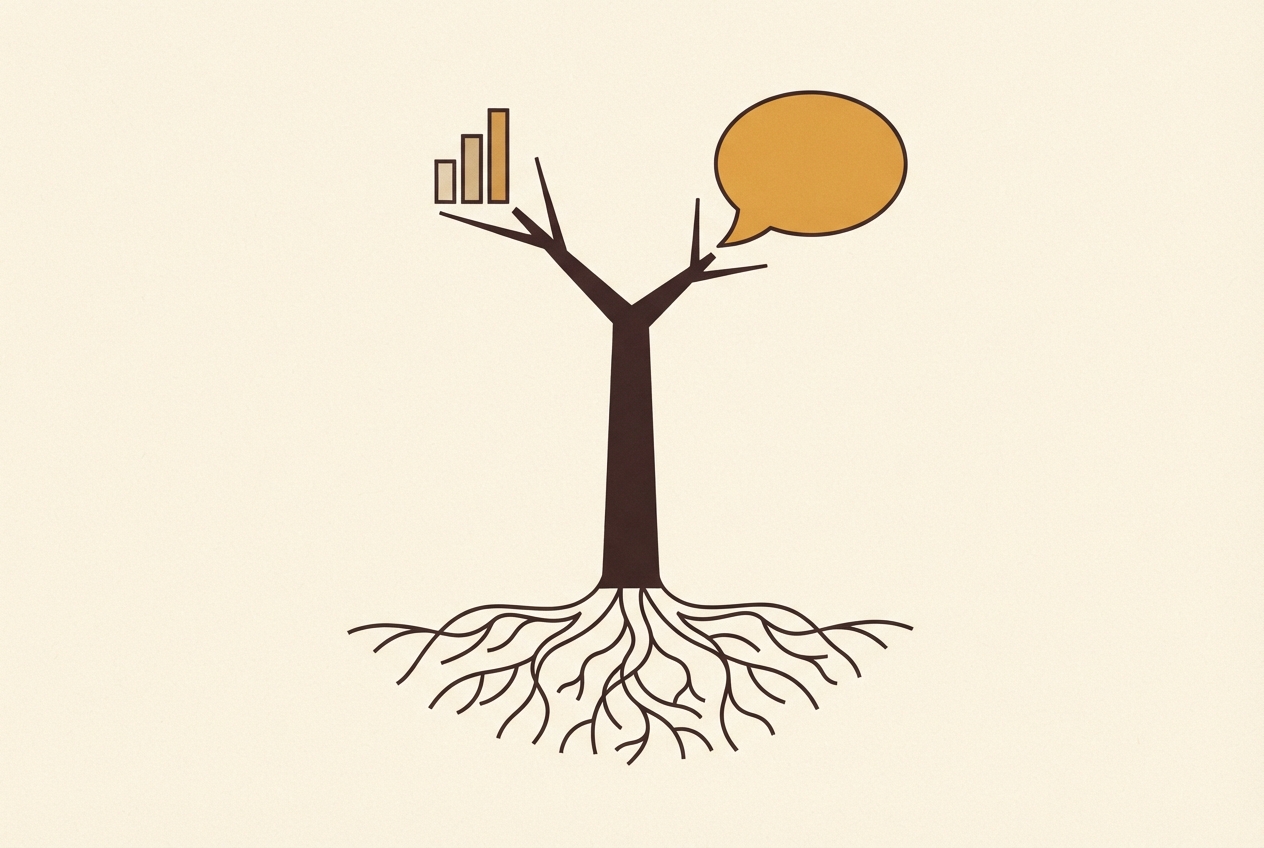 A tree with one spreading root system, its trunk dividing into a bar-chart branch and an answer-bubble branch