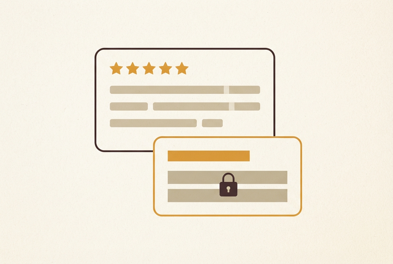 A review card with an amber-starred rating above a reply whose lower lines are covered by a padlocked block