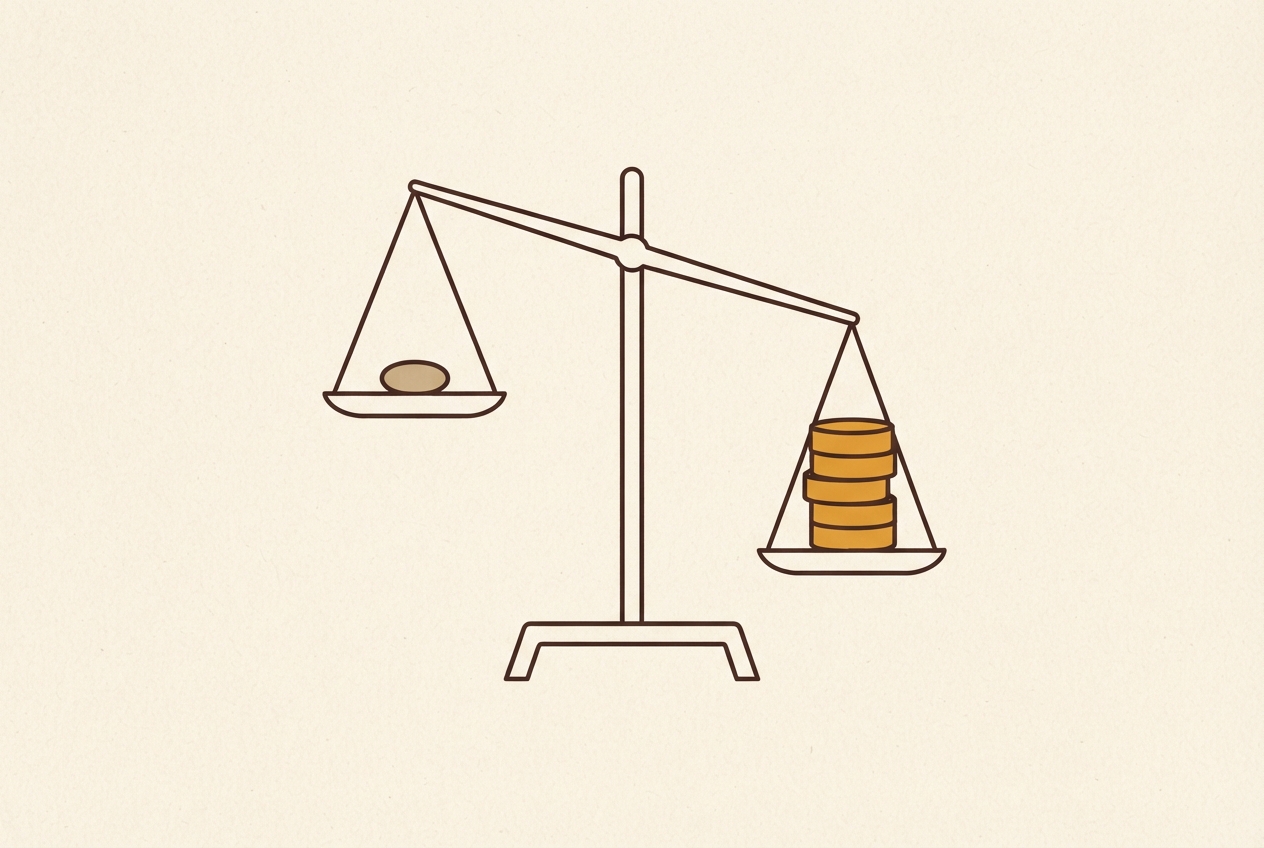A balance scale tipped heavily toward a stack of five amber discs against a single tan disc