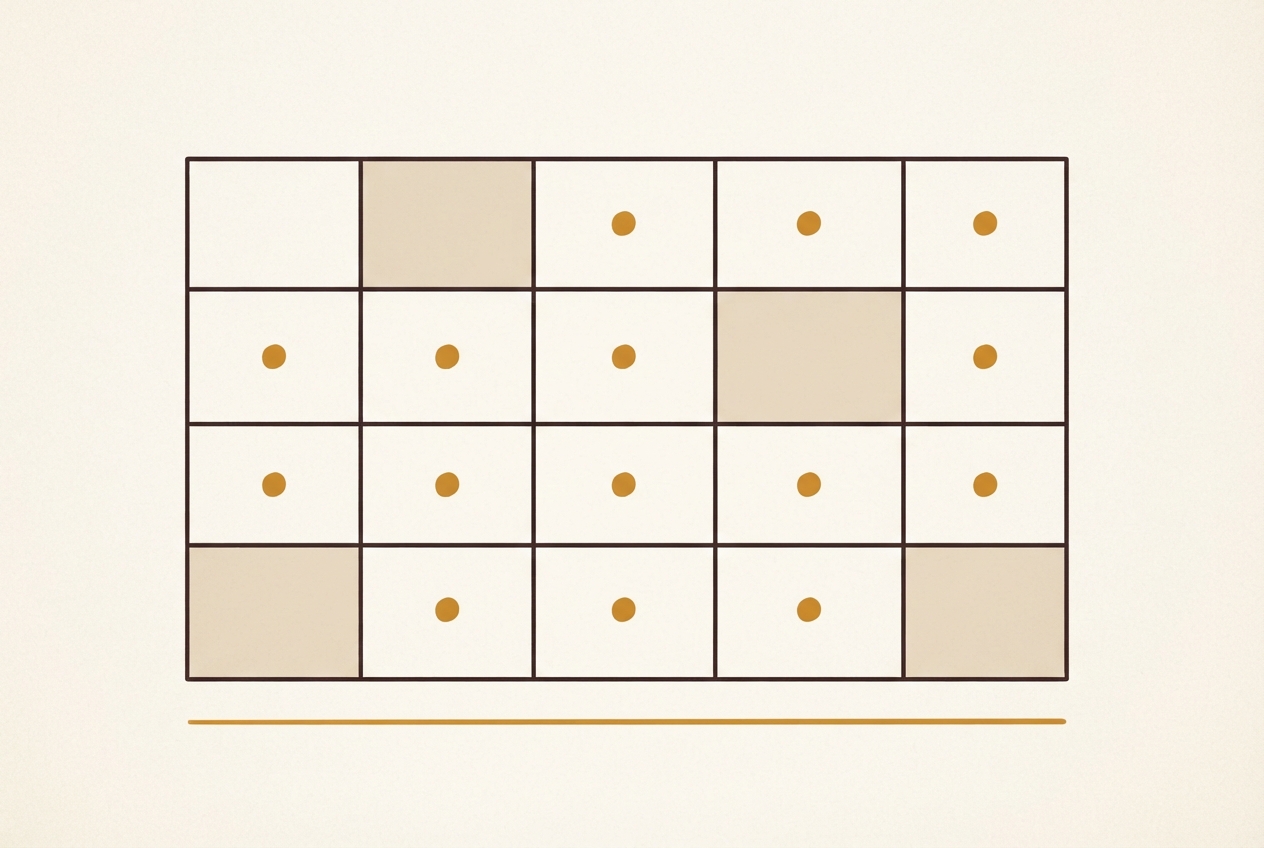 A calendar grid mostly filled with amber dots, with four cells left conspicuously empty