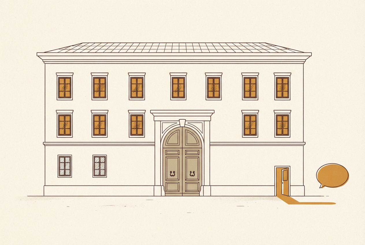A grand building with its main door closed and a small side door open and lit, leading toward an answer bubble