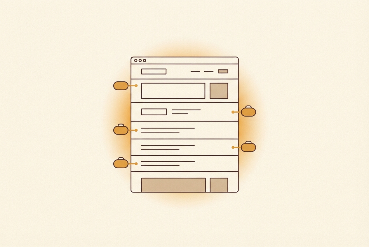 A web page with small amber label tabs clipped onto specific rows