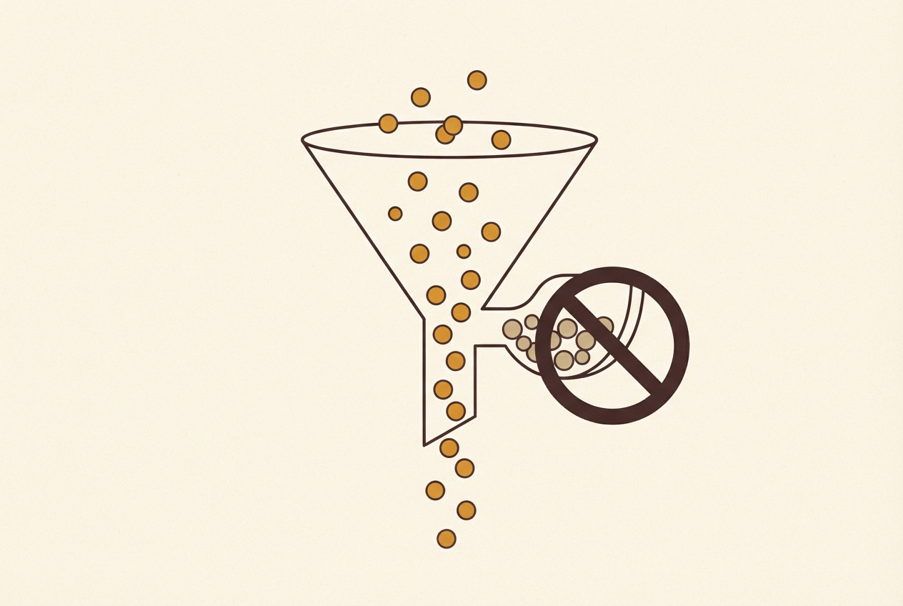 A funnel passing amber circles through while pale ones are diverted into a side chamber marked with a prohibition symbol