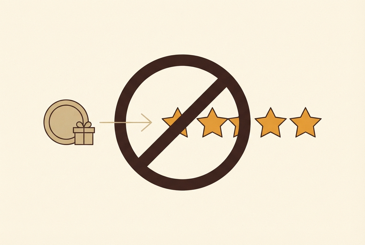 A coin and gift box pointing toward a row of stars, blocked by a prohibition symbol