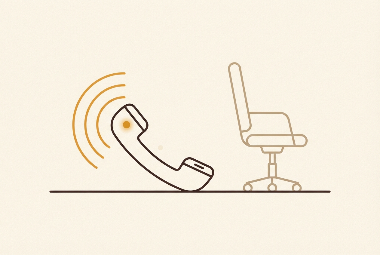 A telephone ringing with amber arcs beside an empty, turned-away chair