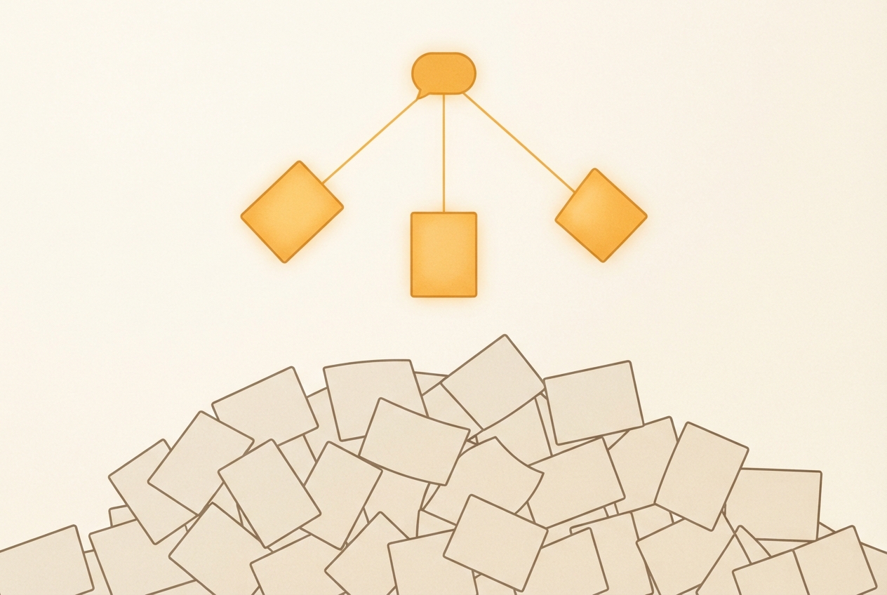 A large heap of pale page cards, with three lifted out, glowing amber, and connected to a small answer bubble