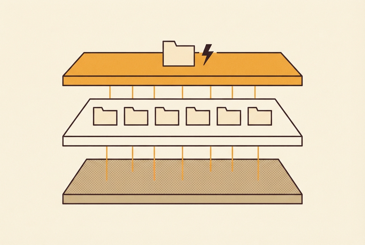 Three stacked slabs: a wide one dense with dots, a narrower one holding stored pages, and a small amber one holding a single live-fetched page