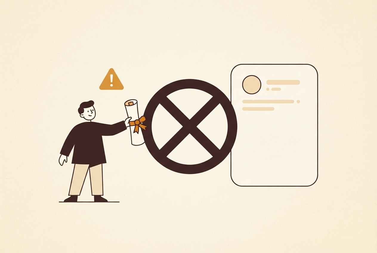 A figure extending a sealed document toward a review card, blocked by a prohibition symbol, with an amber warning triangle