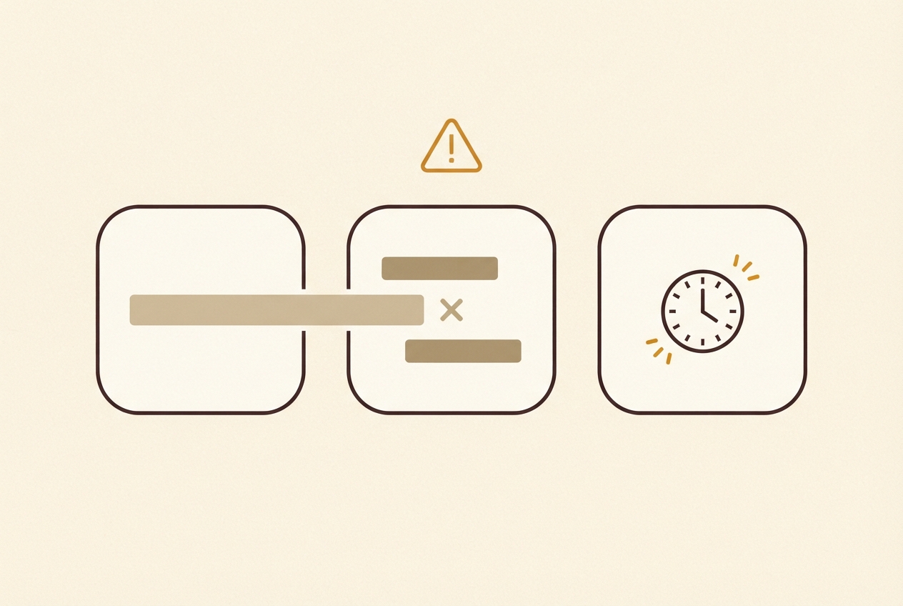 Three cards: an overflowing bar, two misaligned bars, and a clock ringed with rapid edit marks, under an amber warning triangle